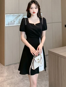 2023 Črna Mozaik Naguban Priložnostne Mini Obleka Ženske Korejski Letnik Hepburn Obleko Poletje Kratek Rokav Kvadratnih Ovratnik Stranka Obleko