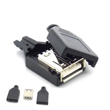 3 v 1 Tip A Ženski USB 2.0 Vtičnice Priključek 4 Pin Plug Z Črn Plastični Pokrov na primer s spajkanjem Tip DIY Priključek