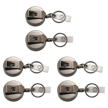 6 Pack Zložljive Značko Imetnik Kolutu,Kovinski ID Značko Imetnik S Pasom ključe Za Ime Kartice Keychain Črna