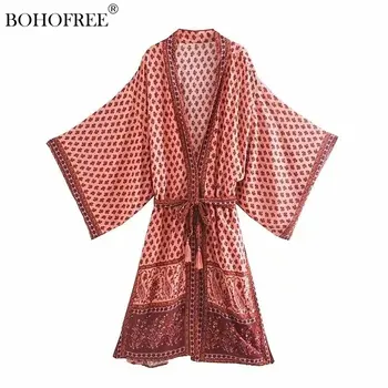 Chic Vintage Rajon Bombaž Kimono Plažo Bikini Kritje Ups Kopalke Boemski Stil Sashes Boho Robe Za Ženske