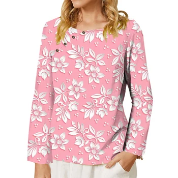 CLOOCL Nove Elegantne Ženske Majica bele Rože Grafike 3D Tiskanih Gumb Okrasite Dolg Rokav Tee Svoboden Priložnostne Bluzo Moda Vrhovi