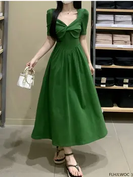Dolgo Maxi Obleke, Elegantne Letno Srečanje Obleko 2023 Ženske Kvadratnih Vratu Elegantna Francoski Design Vitek Pas Retro Zelene Obleke Vestidos