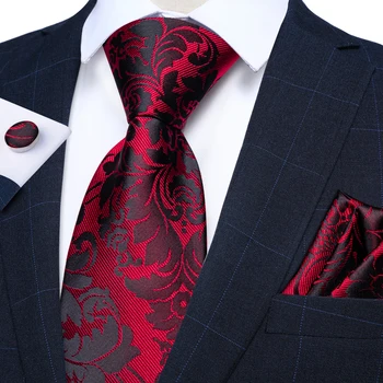 Luksuzni Rdeča Črna Paisley, Svila, Poliester Vezi za Moške 150 cm Poroka, Poslovni Formalno Neckwear Pribor Handkerchief zapestne gumbe,