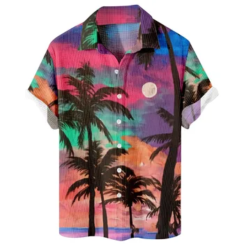 Moške Hawaiian Natisnjeni Gumb T-Shirt Moda Priložnostne Kratek Rokav Srajce Obmorskem Letovišču Vaflji Bluzo 2024 Pomlad Poletje Nova