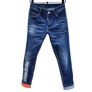 Moške jeans starbags dsq108 punk raztrgana barve, oškropijo črnila, močno oprati obliž, slim fit, modi rock hlače za moške