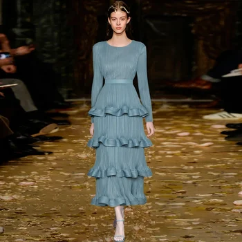 Novi Modni Oblikovalec Jeseni Žensk Dolg Rokav Obavijen Visoko Pasu Ruffles Elastičnost Slim Modre Obleke