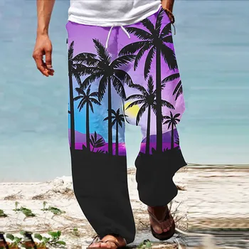 Poletje Moških Vrečasta Hlače Priložnostne Kokosovo Drevo, Natisnjeni Širok Noge Hlače Retro Vintage Hawaiian Beach Ohlapne Hlače Človek Ulične