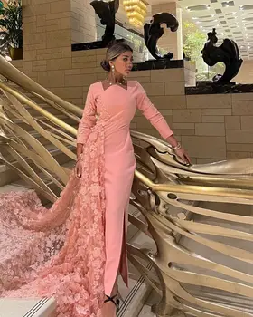 Savdska Arabija Elegantne Večerne Roza Dolge Rokave Prom Obleke Čipke 3D Cvetje Gleženj Dolžina Večer Stranka Obleke Zadrgo