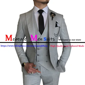 Svetlo Sivi barvi, Moške Obleke Eno Zapenjanje Poslovno Srečanje Stranke Poroko Ženina 3 Kosov (Suknjič+Telovnik+Hlače), Prilagojene Moške Obleke