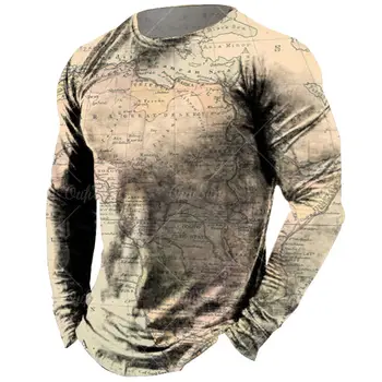 Vintage Dolgo rokavi T Shirt Za Moške Zemljevid 3d Tiskanje Majice Evropske Grafike T-Majice Stara moška Oblačila Vrhovi Priložnostne Ulične