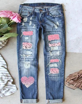 Vroče Prodajo 2023 Ženske Jeans Priložnostne Leopard Srce Modno in Udobno Tiskanja Raztrgala Temperament Delo Dolge Jeans